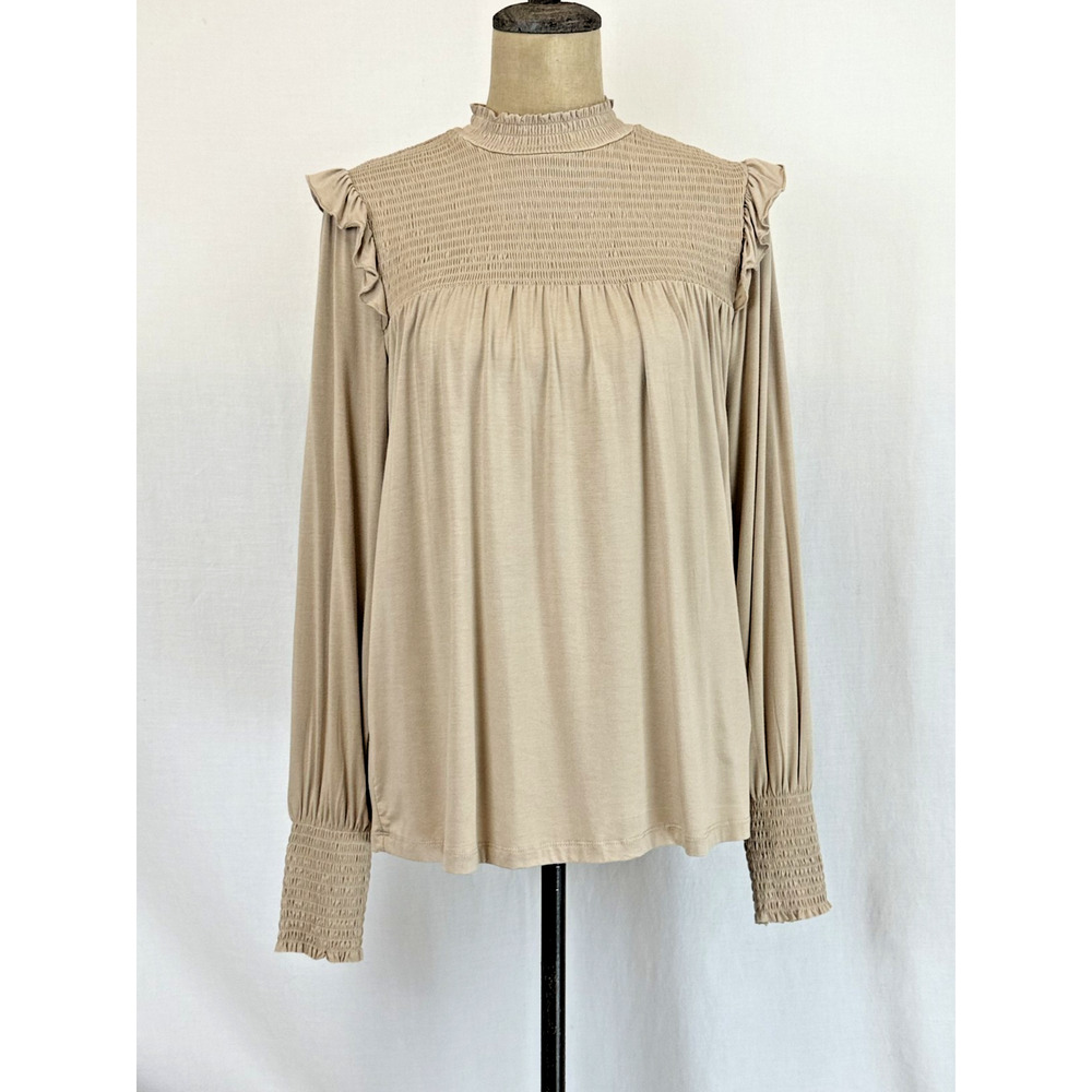 NWT Soya Concept BOUTIQUE Tan Long Sleeve Top w/ Smocking Detail #0429 XXL